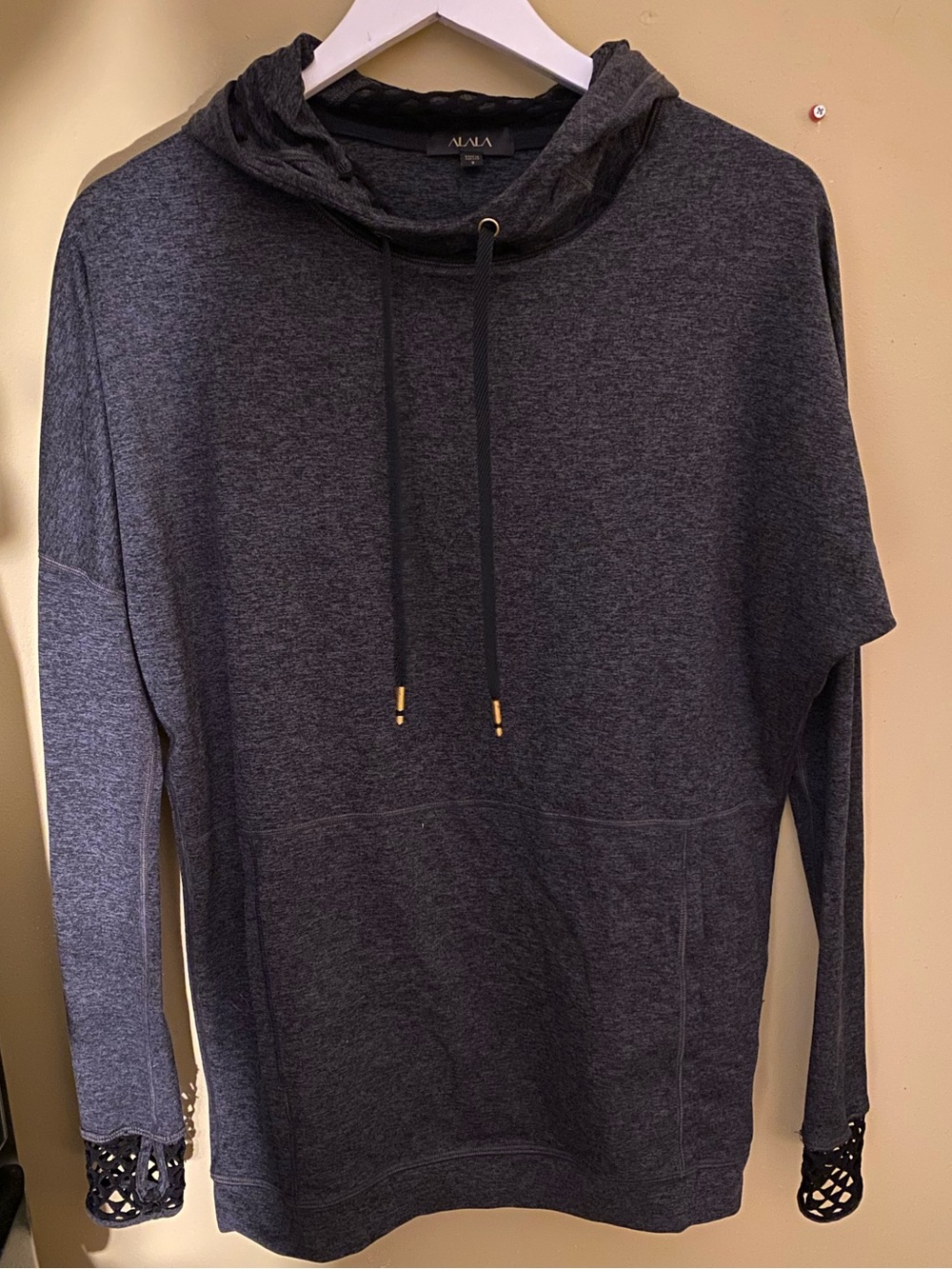 Alala Dark Charcoal Crewneck Hoodie with black cutout trim, Size Small